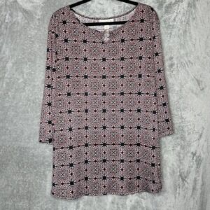 Emaline 2X Top Shirt Pink Black Paisley 3/4 Sleeve Keyhole Round Neck Stretch